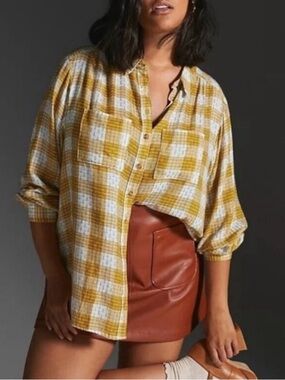 Pilcro Mustard and White Plaid Button-Down Shirt